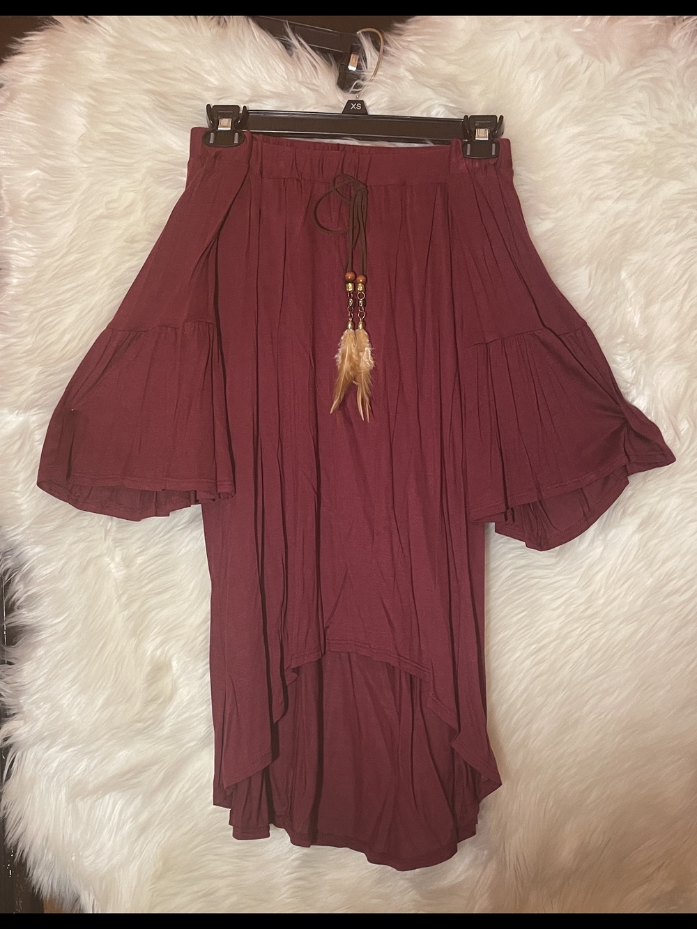 Off-Shoulder Boho Burgundy Tiered Maxi Skirt with Tassel Detail